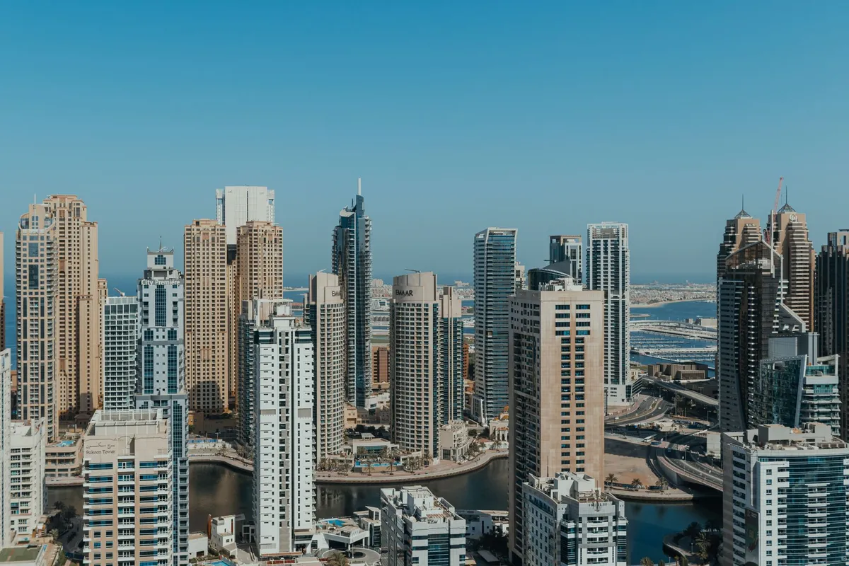Dubai Marina skyline with high-rise towers at midday